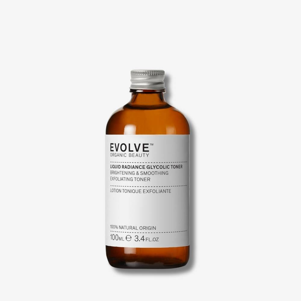image of liquid radiance glycolic toner in brown glass bottle with recyclable metal cap instead of pump lid