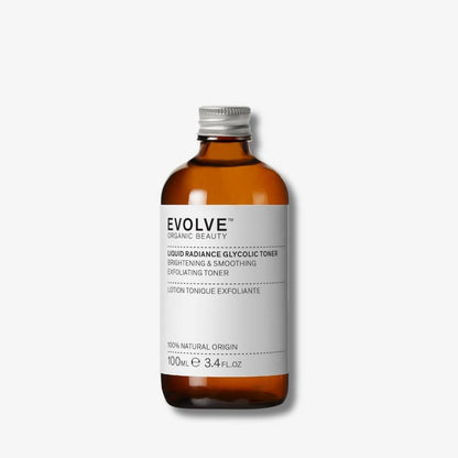 image of liquid radiance glycolic toner in brown glass bottle with recyclable metal cap instead of pump lid
