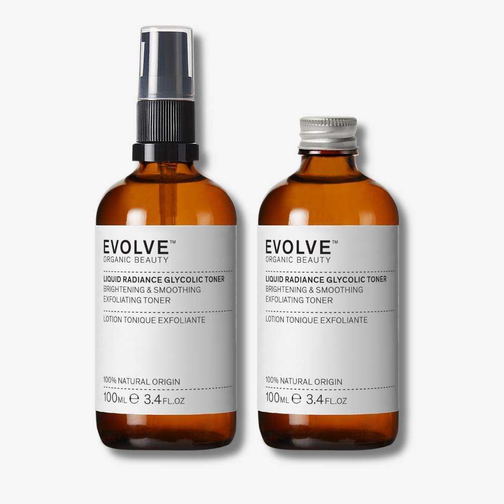 evolve organic beauty packshot of liquid radiance glycolic toner with black pump lid next to liquid radiance glycolic toner with recycled metal cap lid on off white background