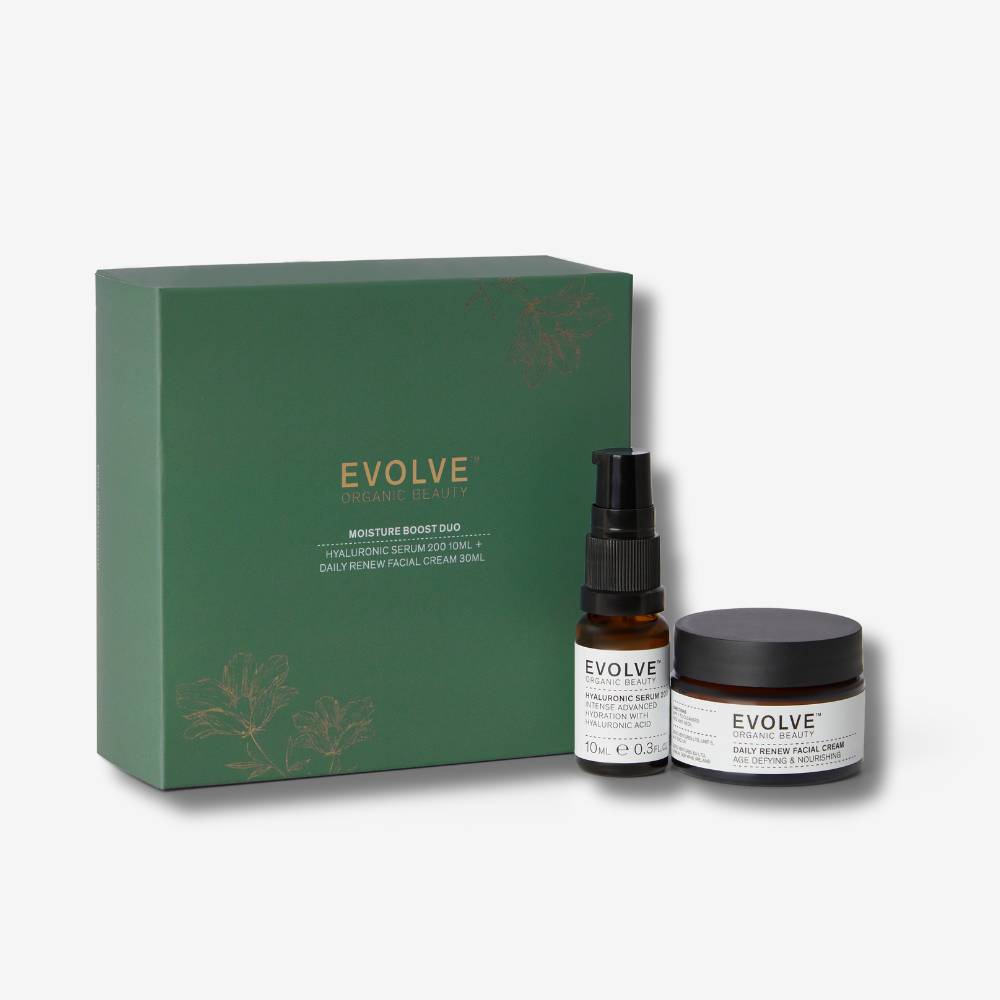 Evolve organic beauty moisture boost duo including hyaluronic serum 200, daily renew face cream with a box on a white background
