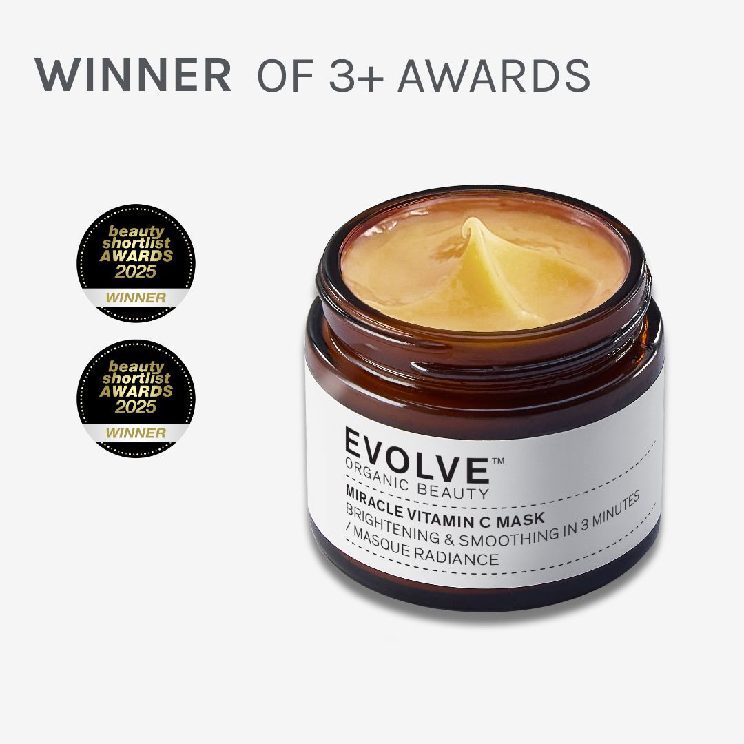 image of miracle vitamin c mask surrounded by awards the product has won