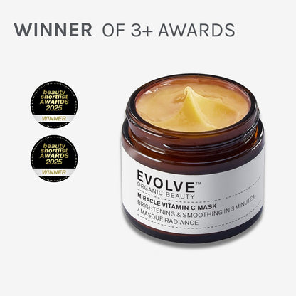 image of miracle vitamin c mask surrounded by awards the product has won