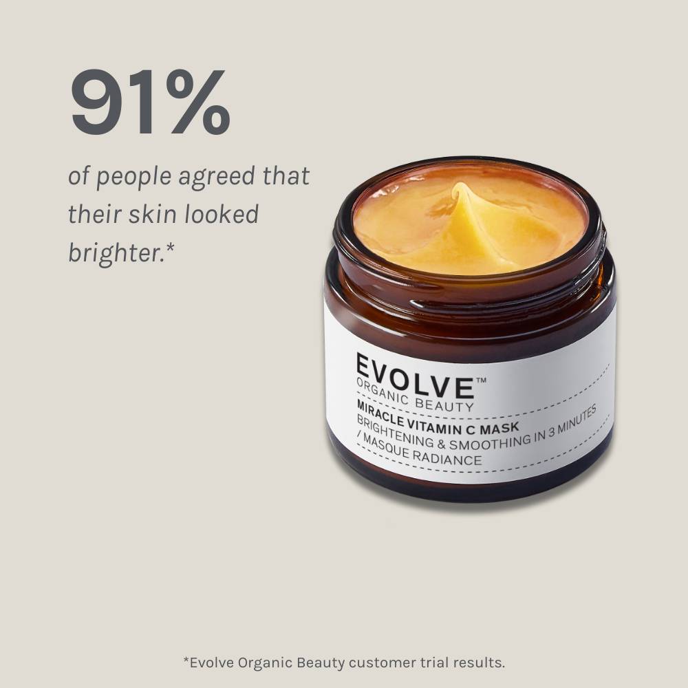 miracle vitamin c mask packshot on dark beige background showing results of a positive consumer panel test