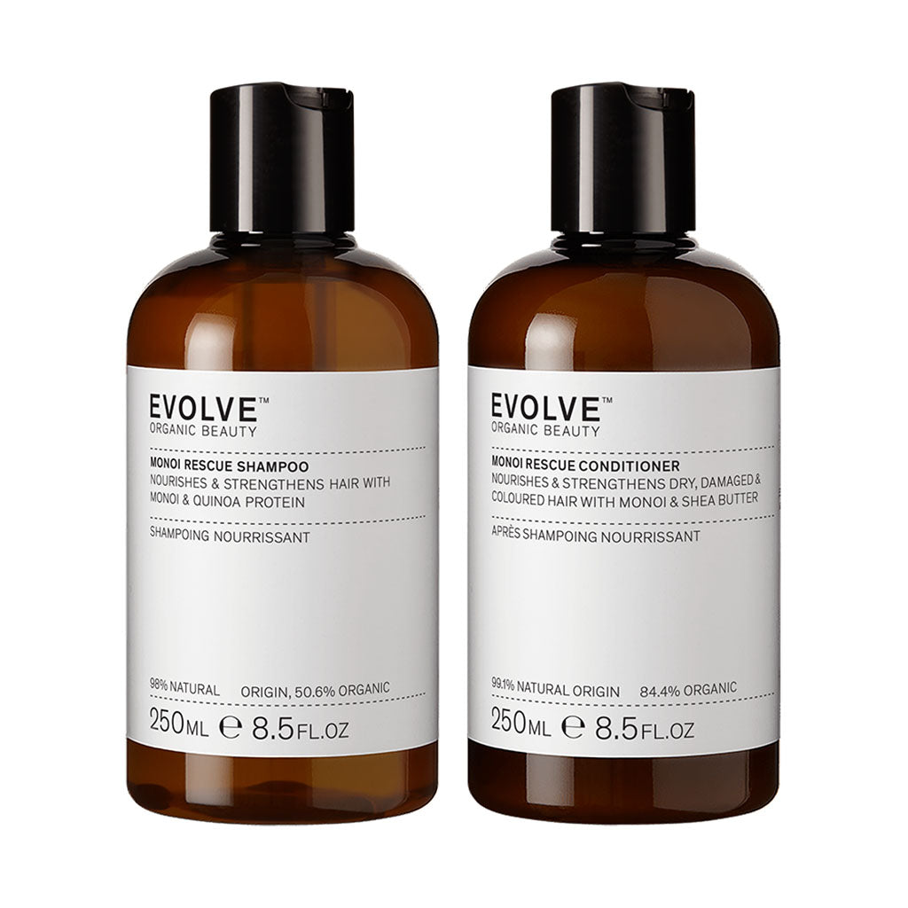 evolve organic beauty packshot of monoi rescue shampoo next to monoi rescue conditioner on off white background