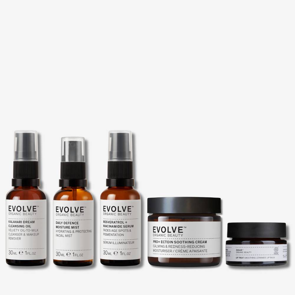 evolve organic beauty packshot showing products in perfect skin pregnancy safe bundle on off white background
