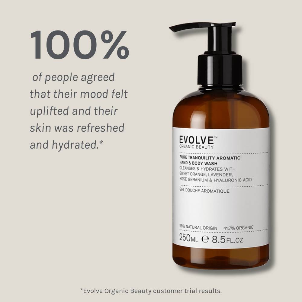 pure tranquility wash packshot on dark beige background showing results of a positive consumer panel test