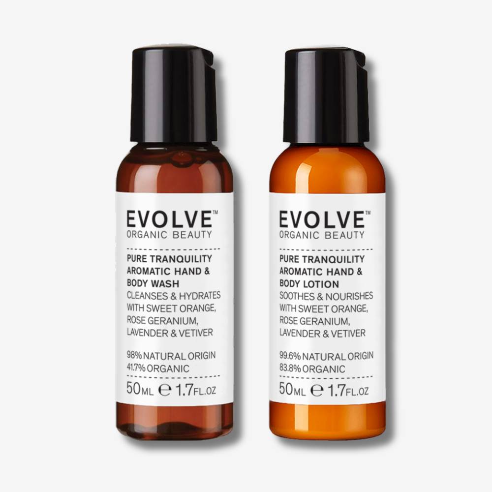 Evolve Organic Beauty pure tranquility duo  travel size in brown  plastic bottle with black lid on off white background with shadow behind