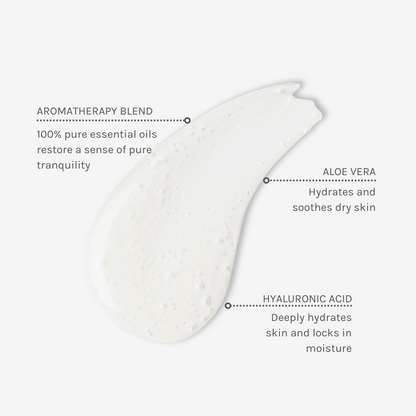 Swatch of Pure Tranquility Aromatic Hand &amp; Body Wash with written captions about its three key ingredients.