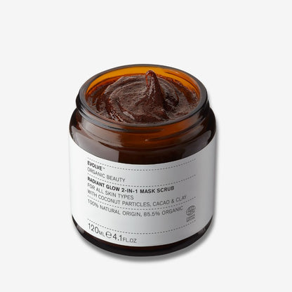 evolve organic beauty open amber jar showing chocolate texture of supersize radiant glow 2-in-1 mask scrub