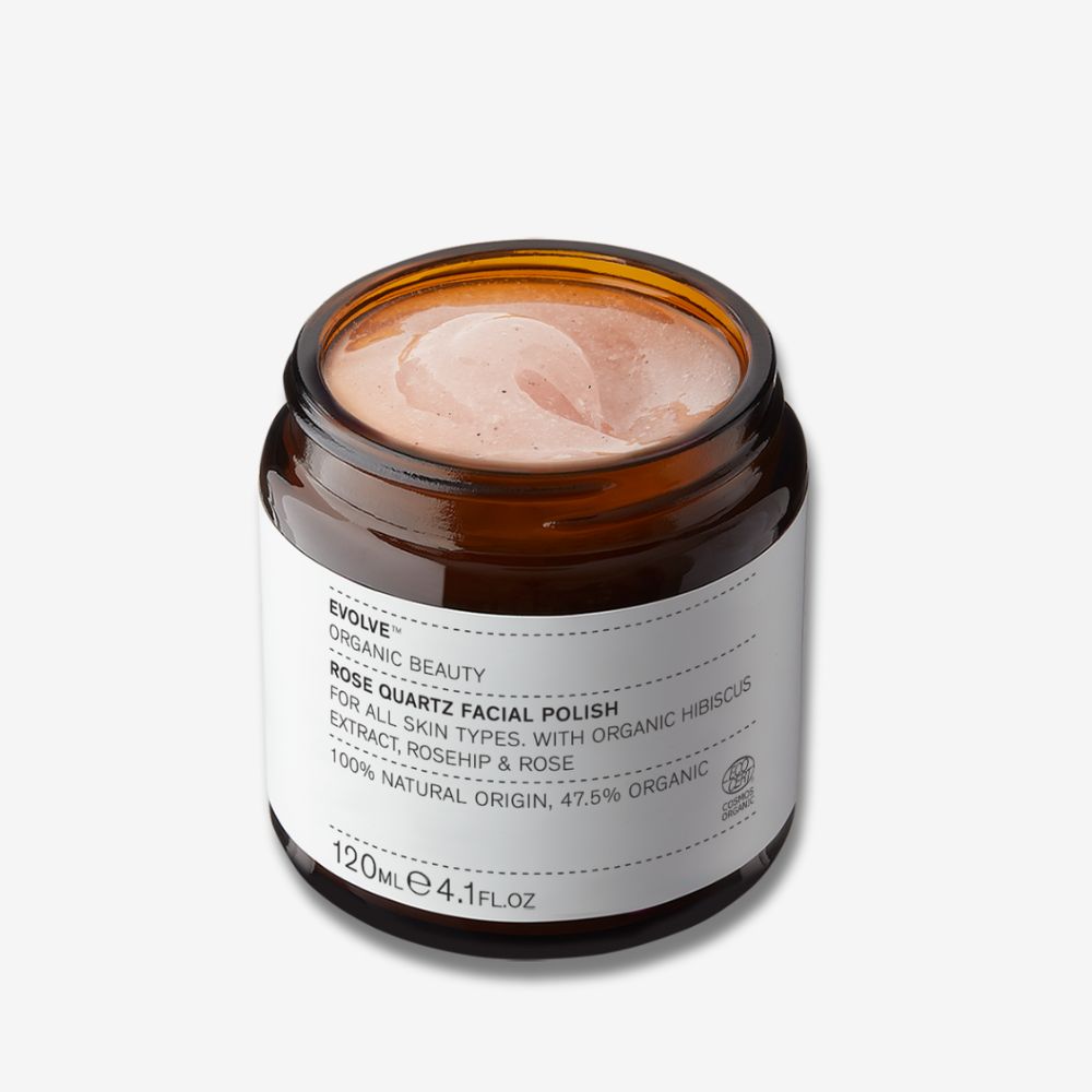 Evolve Organic Beauty Rose Quartz Facial Polish Supersize 120ml open brown glass jar on an off-white background with a shadow behind