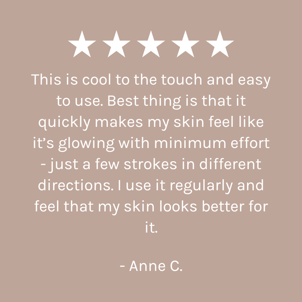 five star customer review of Rose Quartz Gua Sha on dark beige-pink background