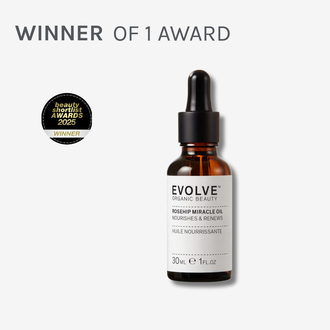 image of rosehip miracle oil surrounded by awards the product has won