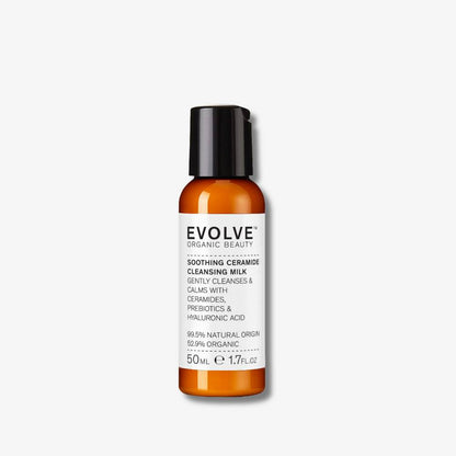 Plastic bottle with black cap of Evolve Organic Beauty cleansing balm on a white background