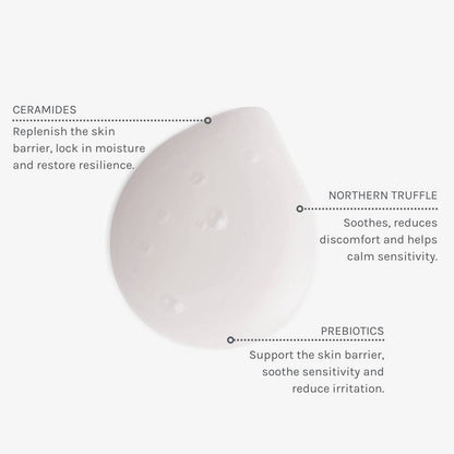 Texture swatch of soothing ceramide cleansing milk with annotations showing benefits of ingredients like ceramides, northern truffle and prebiotics