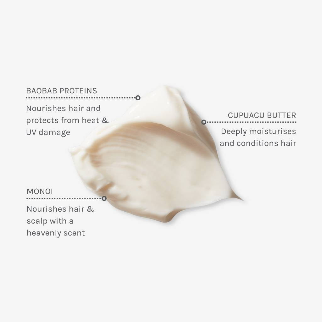 Swatch of Superfood Shine Hair Mask with text explaining the benefits of the three key ingredients