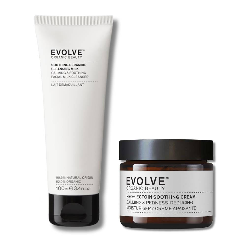 sensitive skin rescue duo bundle including soothing ceramide cleansing milk in sugarcane tube and pro+ ectoin soothing cream in brown glass jar with black lid on white background