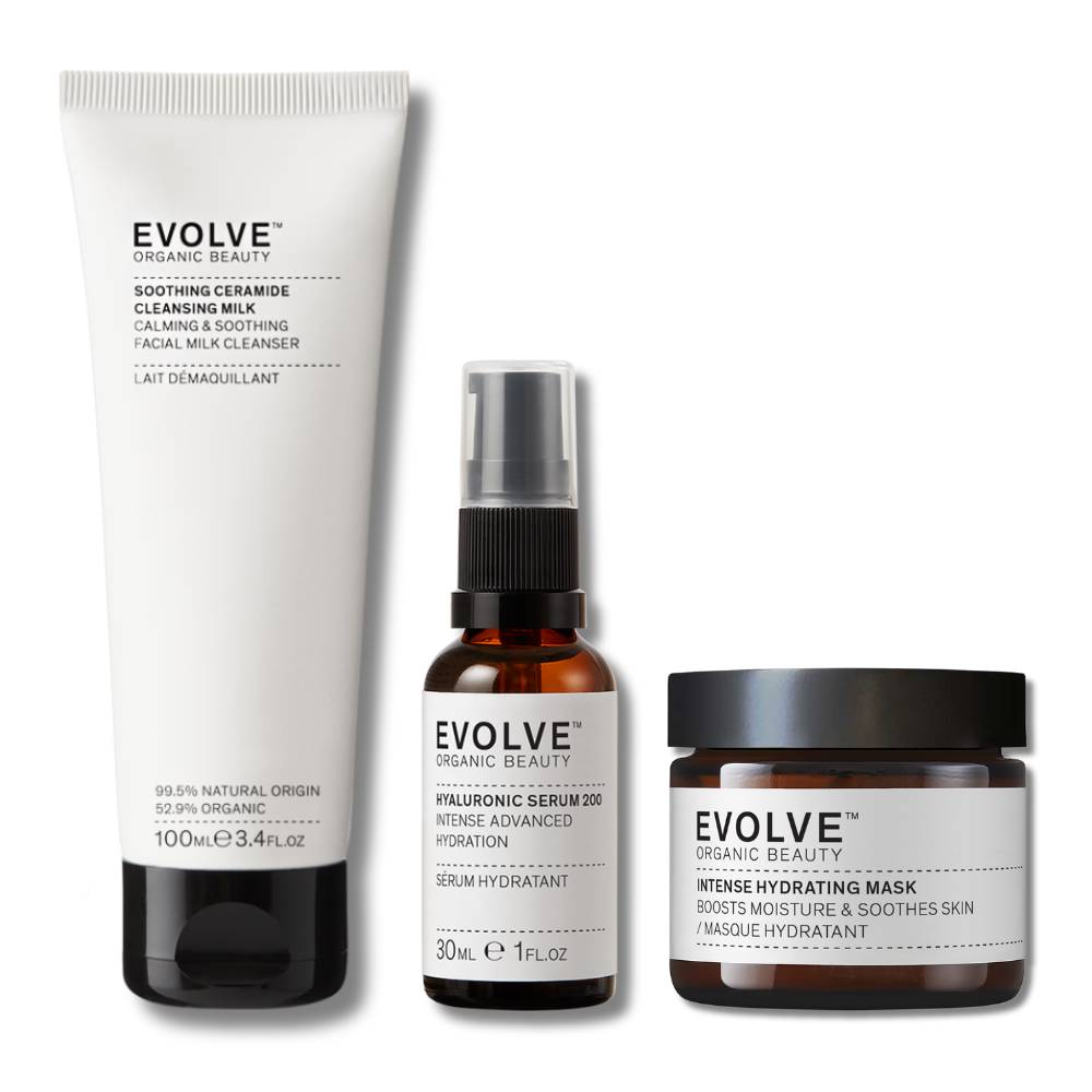sensitive skin Saviours set bundle including soothing ceramide cleansing milk in sugarcane tube,hyaluronic serum 200 in broung glass bottle with pump  and intense hydrating maskin brown glass jar with black lid on white background