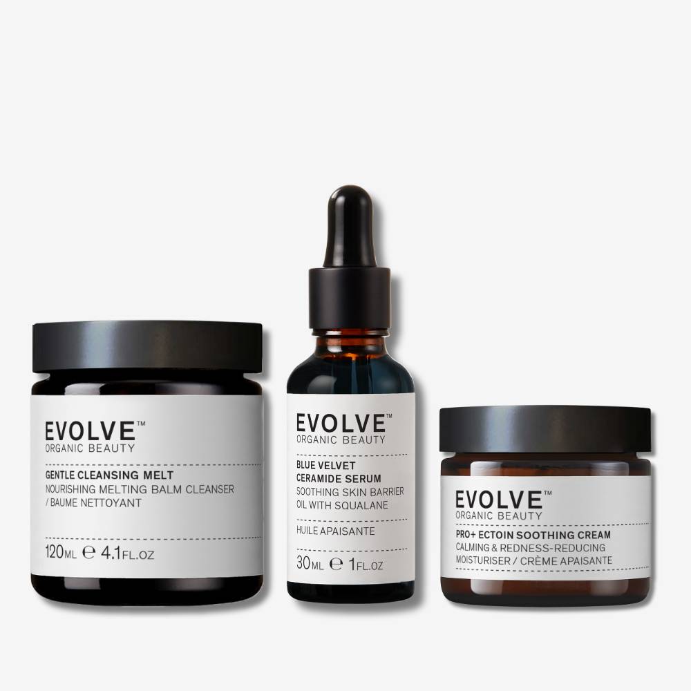 evolve organic beauty packshots of gentle cleansing melt, blue velvet ceramide serum and pro+ ectoin soothing cream on off white background