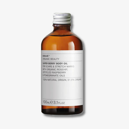 Evolve Organic Beauty Super Berry Body Oil in brown glass bottle with recyclable metal cap instead of pump lid