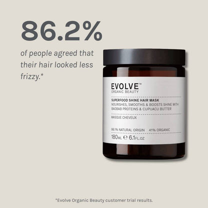 Superfood Shine Hair Mask on dark beige background showing results of a positive consumer panel test