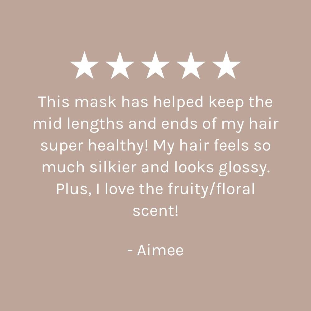 five star customer review of Superfood Shine Hair Mask on dark-beige pink background