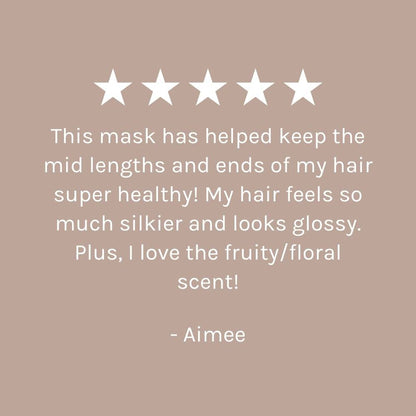 five star customer review of Superfood Shine Hair Mask on dark-beige pink background