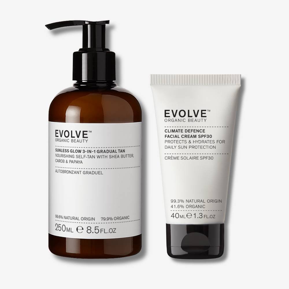 Evolve Organic Beauty Sunless Glow 3-in-1 Gradual Tan bottle next to a tube of Climate Defence Facial Cream SPF 30