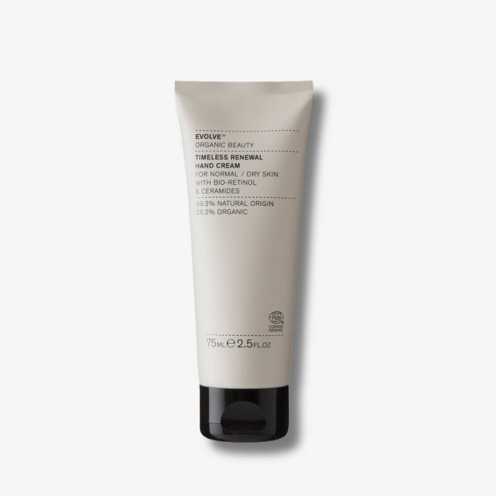 Tube of Timeless Renewal Hand Cream with a black cap on an off white background with shadow behind
