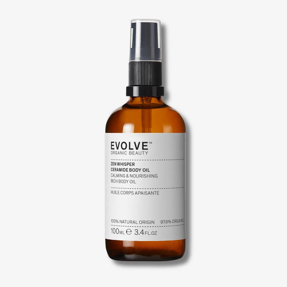 Evolve organic beauty body oil bottle on a white background