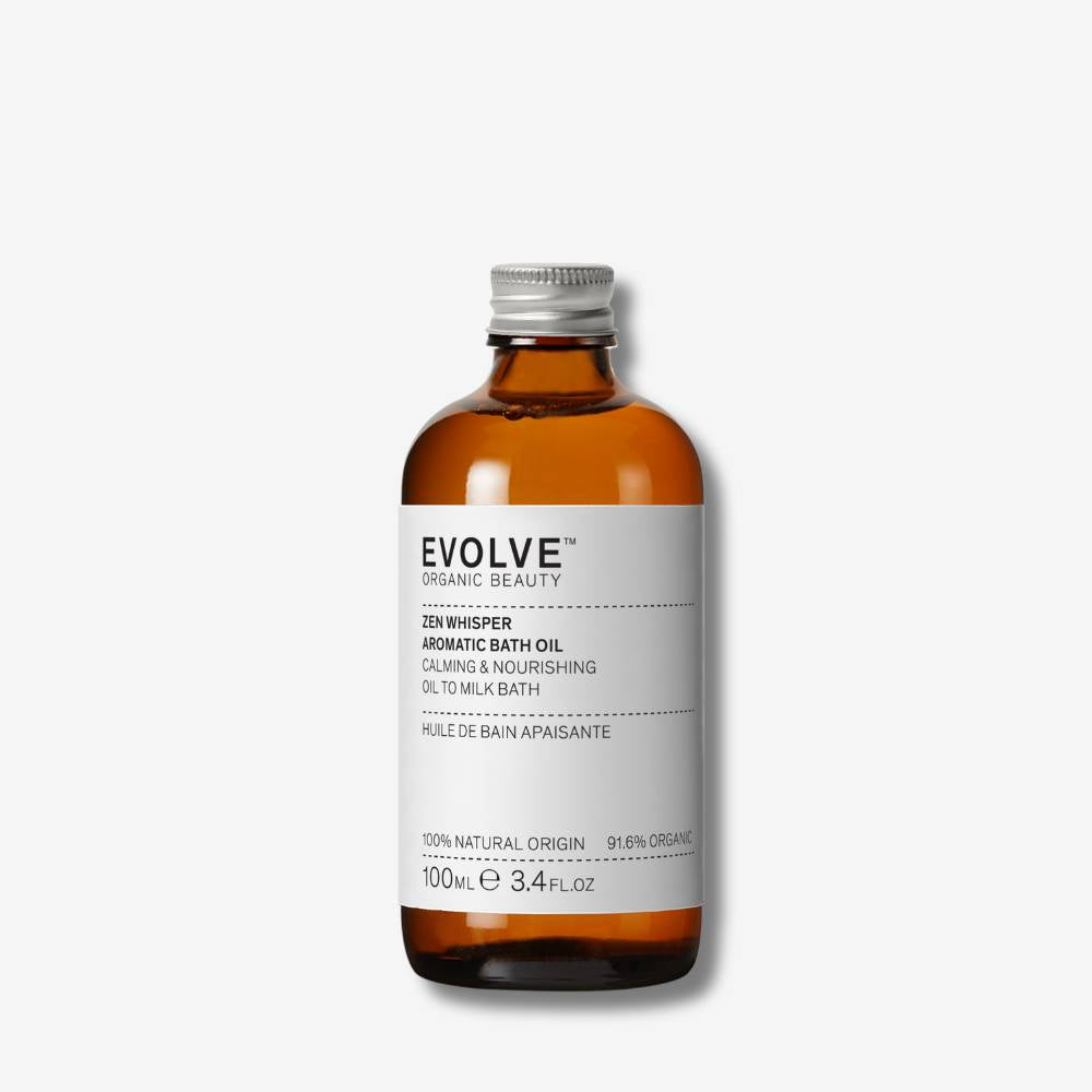 Bottle of Evolve Zen Whisper Aromatic Bath Oil on a white background