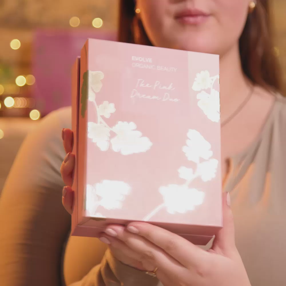 video showing skincare model demonstrating the Pink Dream Duo christmas gift set from evolve organic skincare